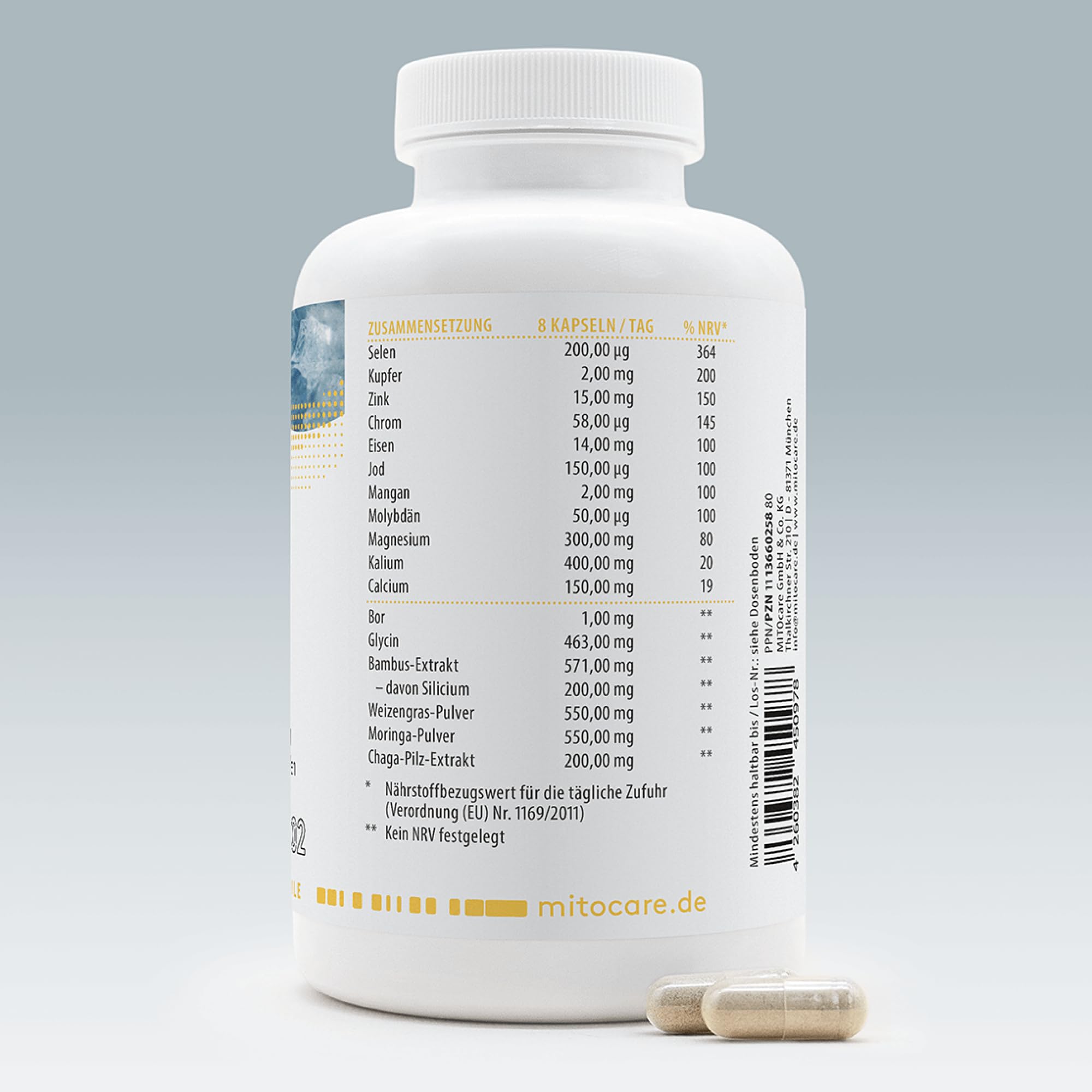 MITOcare Premium Minerale - Mineralstoffekomplex mit allen notwendigen Mineralien - Magnesium, Zink, Selen, Eisen, Bor & Glycin - vegan - Monatspackung mit 240 Kapseln - Produziert in Deutschland