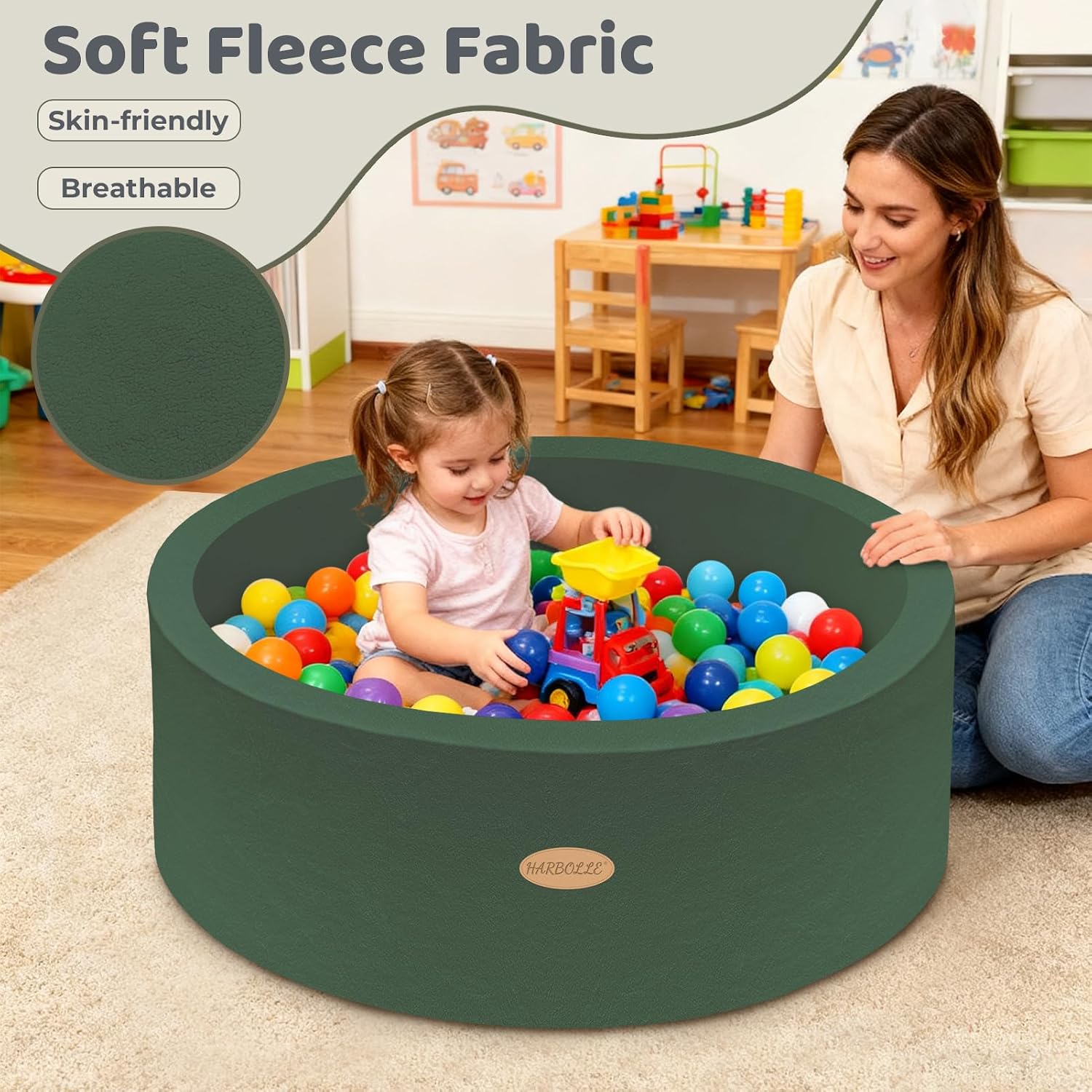 HARBOLLE 35.4" Soft Fleece Ball Pit & Playpen for Toddlers & Babies, Indoor/Outdoor Kids Foam Play Center, for Boys & Girls, Green