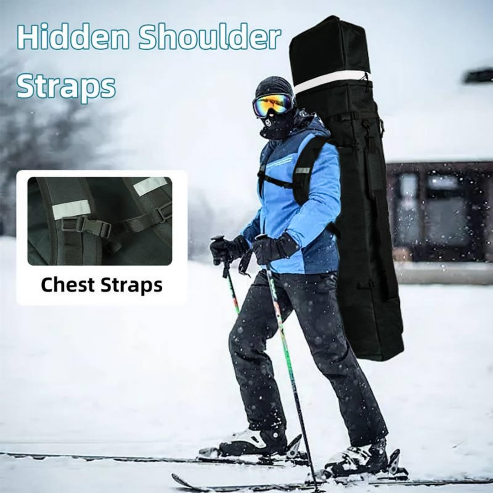 AUMTISC Torba snowboardowa, wyściełana, wytrzymała torba narciarska z wodoodporną podszewką, regulowane paski na ramię, pasuje do desek snowboardowych 155-180 cm, czarna/niebieska