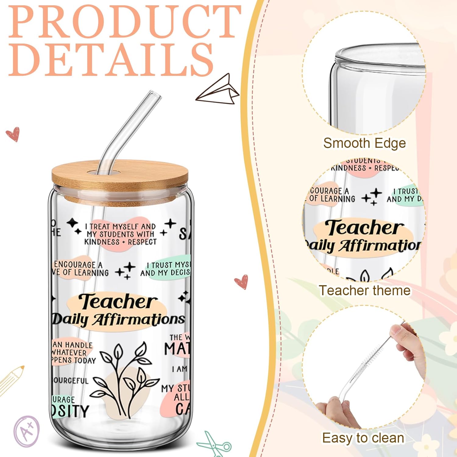 6 Pcs Teacher Appreciation Gifts 2026 Bulk 16 oz Floral Teacher Glass Cups with Lid and Straw Groovy Iced Coffee Tumbler Thank You End of Year Gifts for Women Daycare Preschool Graduation