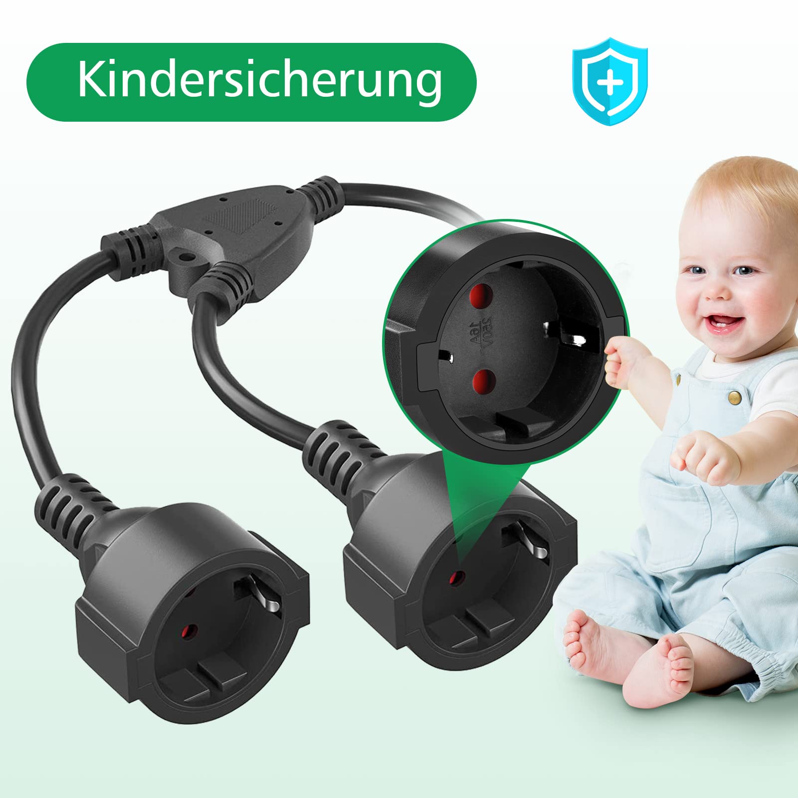 Luxvista Double Plug for Socket 2-Way Multiple Socket with Flexible Cable, 2-in-1 Schuko Short Extension Cable, IP20 for Indoor and Outdoor, 16A/250V/4000W, Black