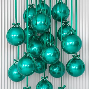 20 Pcs Dark Green Round Foil Balloons Large 22 Inch 4d Metallic Ball Balloons with Emerald Ribbions Green Ceiling Hanging Ornaments for Jungle Safari Disco Wedding Birthday Party Decorations
