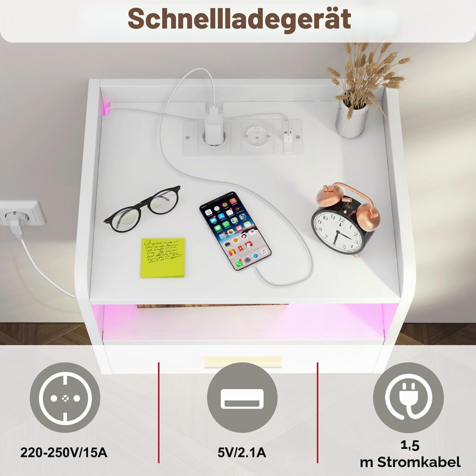 Nachttisch wandmontage, Nachtschrank Hängend, Offenes Fach Und Einer Schublade, 2 USB Anschlüsse, 2 Steckdosen, 16 Farben LED Nachttisch mit Ladestation 40x30x30cm