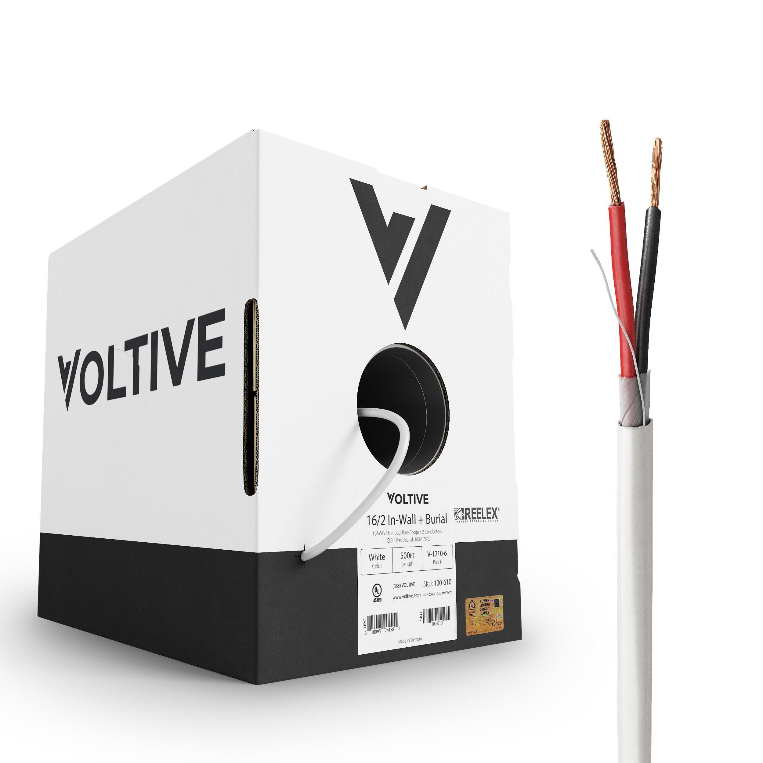 Voltive 16/2 Speaker Wire, in-Wall CL3 & Direct Burial, White, 500ft - 16AWG, 2 Conductors, Stranded Oxygen-Free Copper, UL Listed - V-1210-6