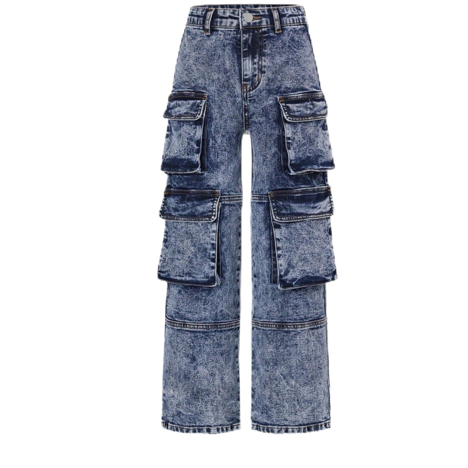 Pantaloni Ragazza-Pantaloni Cargo Casual A Vita Alta con Tasche E Jeans Larghi in Denim per Ragazze