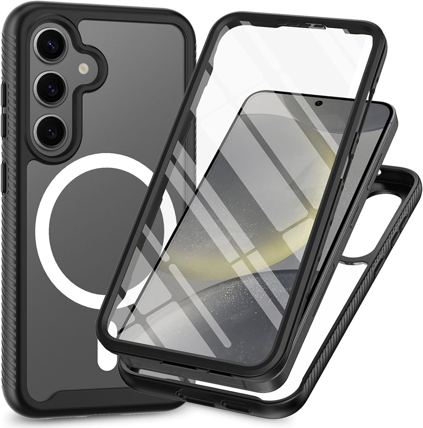 for Galaxy S25 Case with Built-in Screen Protector, Magnetic Wireless Charging Full Body Protective Phone Cover - Clear Black