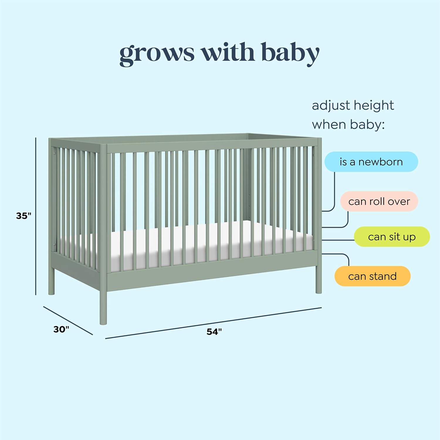 Davinci, Birdie 3-in-1 Convertible Crib, Light Sage, Easy Assemble, Greenguard Gold Certified