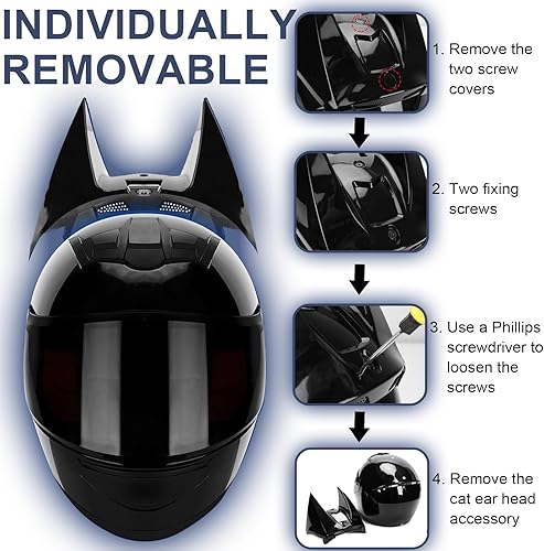 Miniatura 4 de Casco de Motocicleta Caballero con Orejas de Gato de Cara Completa Certificado DOT, Cascos de Motocicleta Abatibles de Personalidad Genial para
