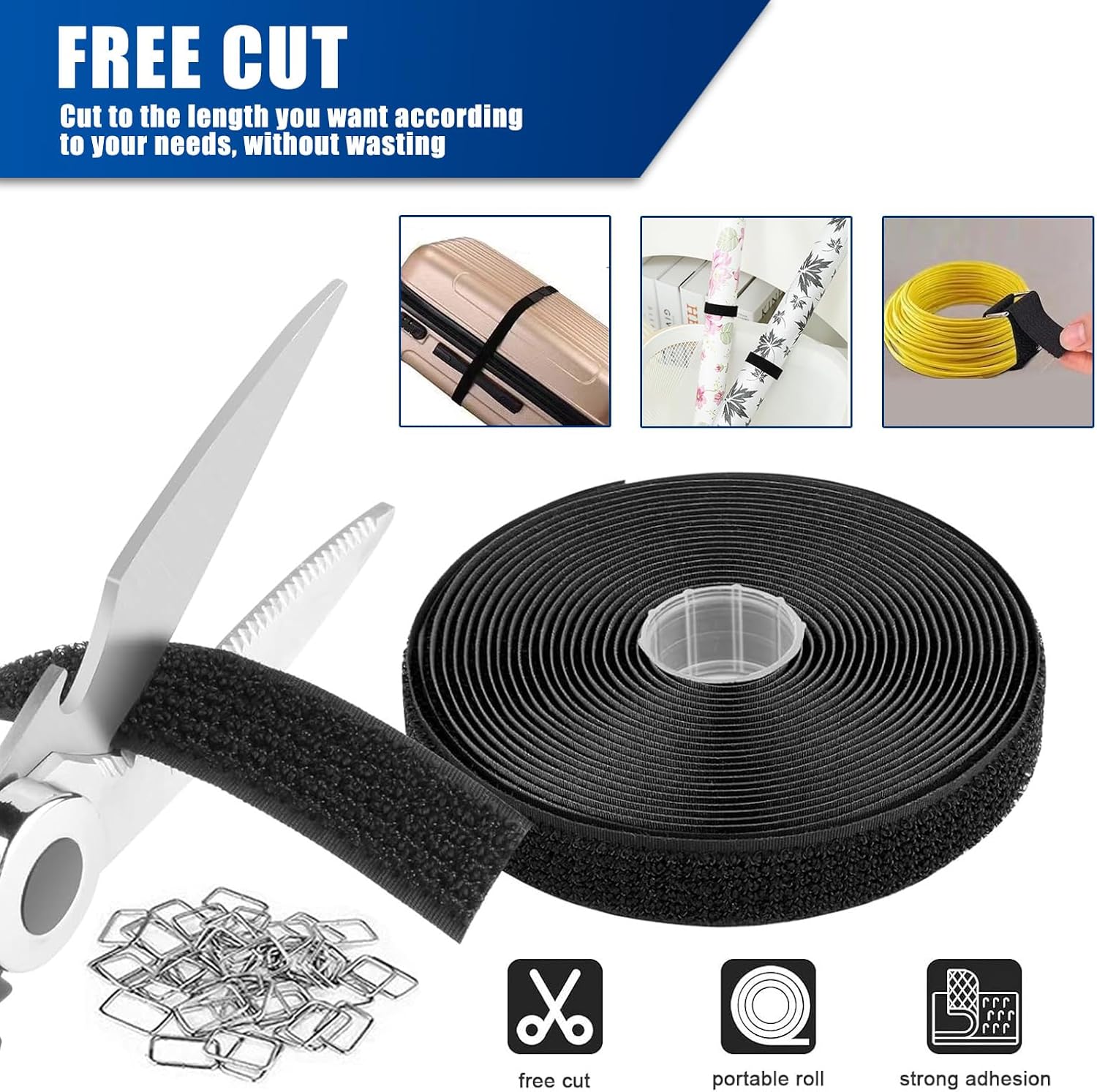 1 Inch x 16 Ft Adjustable Hook and Loop Cable Straps with 25 Metal Buckles, Cut-to-Length Reusable Fastening Ties for Organizer Storage Wire Management