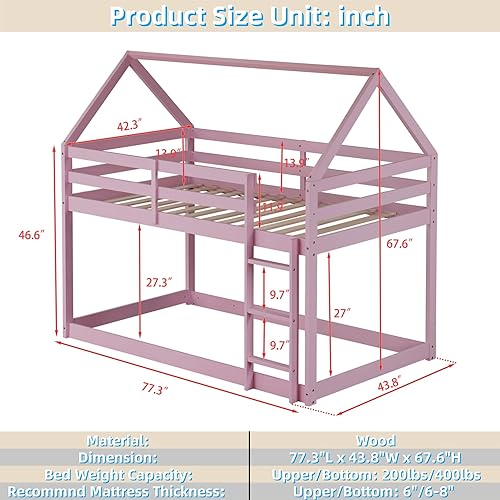 Miniatura 83 de Litera baja individual sobre individual, base de cama de madera maciza con escalera y barandillas de seguridad, literas individuales para niños y