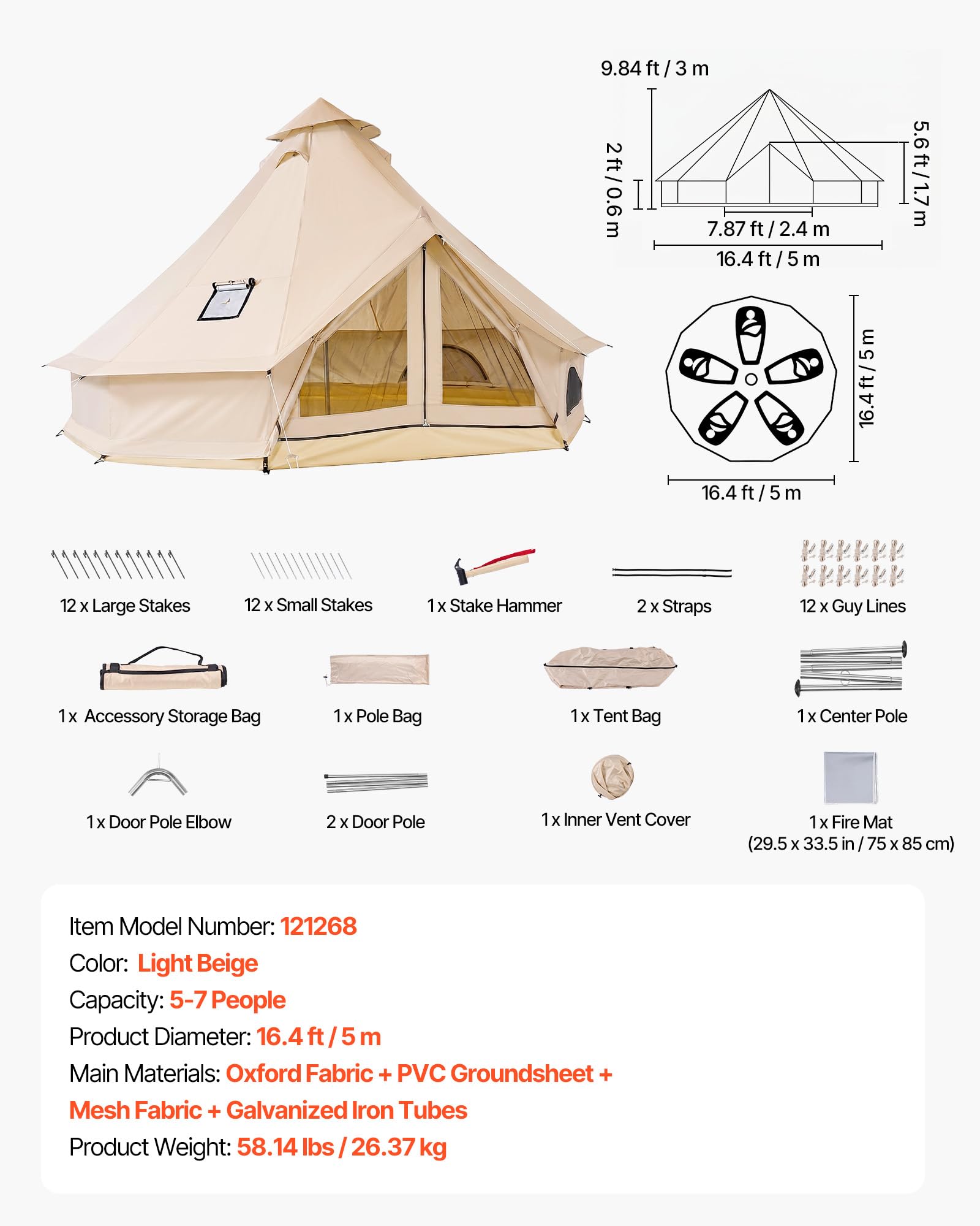 VEVOR Oxford Glockenzelt, 5 m Jurte, 4 Jahreszeiten, mit Ofenrohrdurchführung, bis zu 7 Personen, mit Abnehmbarem Boden (Reißverschluss), Ideal für Familien-Camping & Outdoor-Aktivitäten, Beige