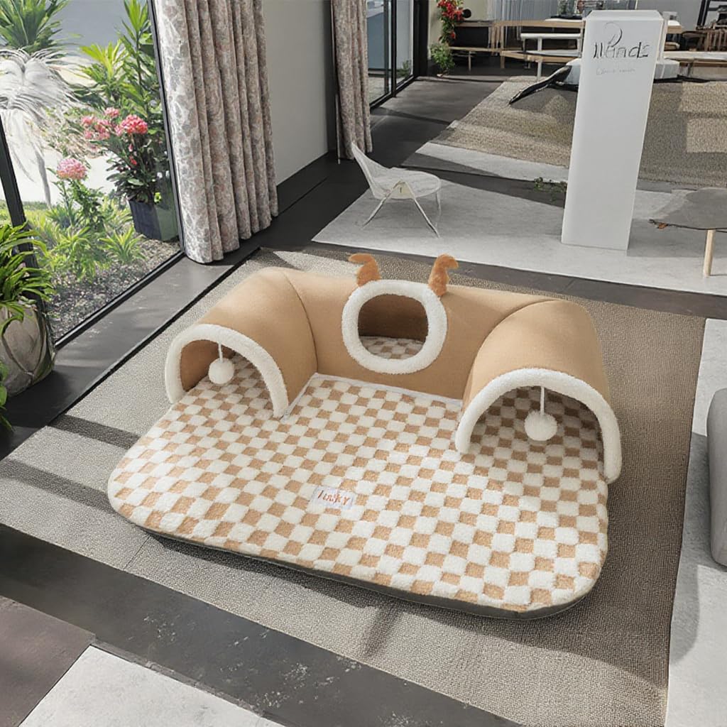 Cama túnel para gatos con juguetes de bolas de felpa, cueva Peekaboo para gatitos de interior, alfombrilla de juego suave extraíble, diseño lavable, ideal para gatos, cachorros y conejos
