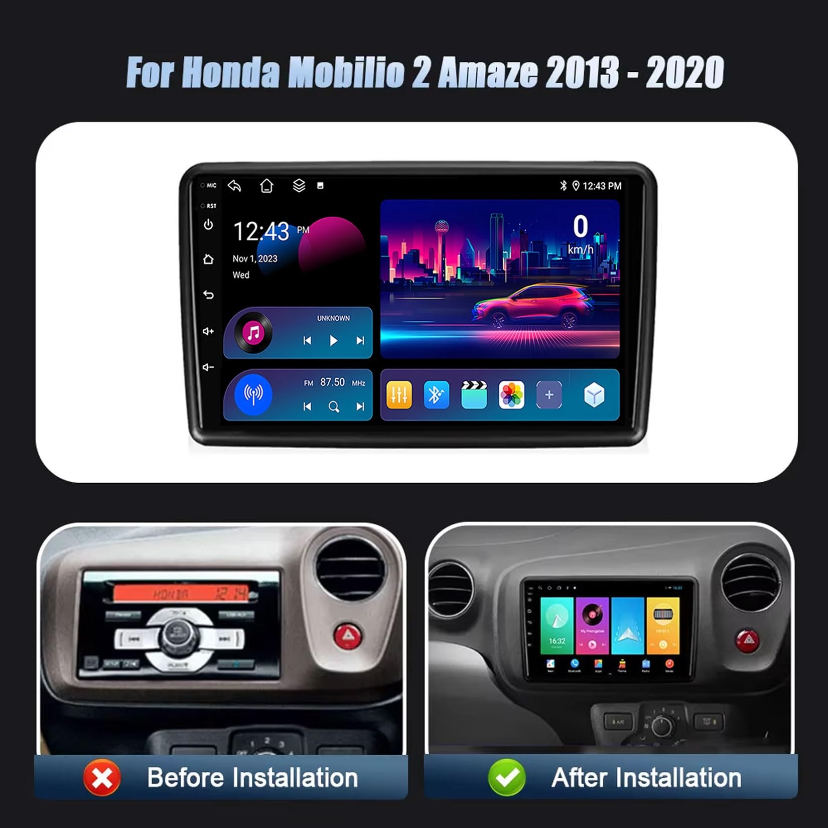 Samochodowy odbiornik stereo z systemem Android 14 Nawigacja samochodowa do Honda Mobilio 2 Amaze 2013-2020 Double Din 9-calowy ekran dotykowy samochodowe stereo z nawigacją satelitarną Bluetooth