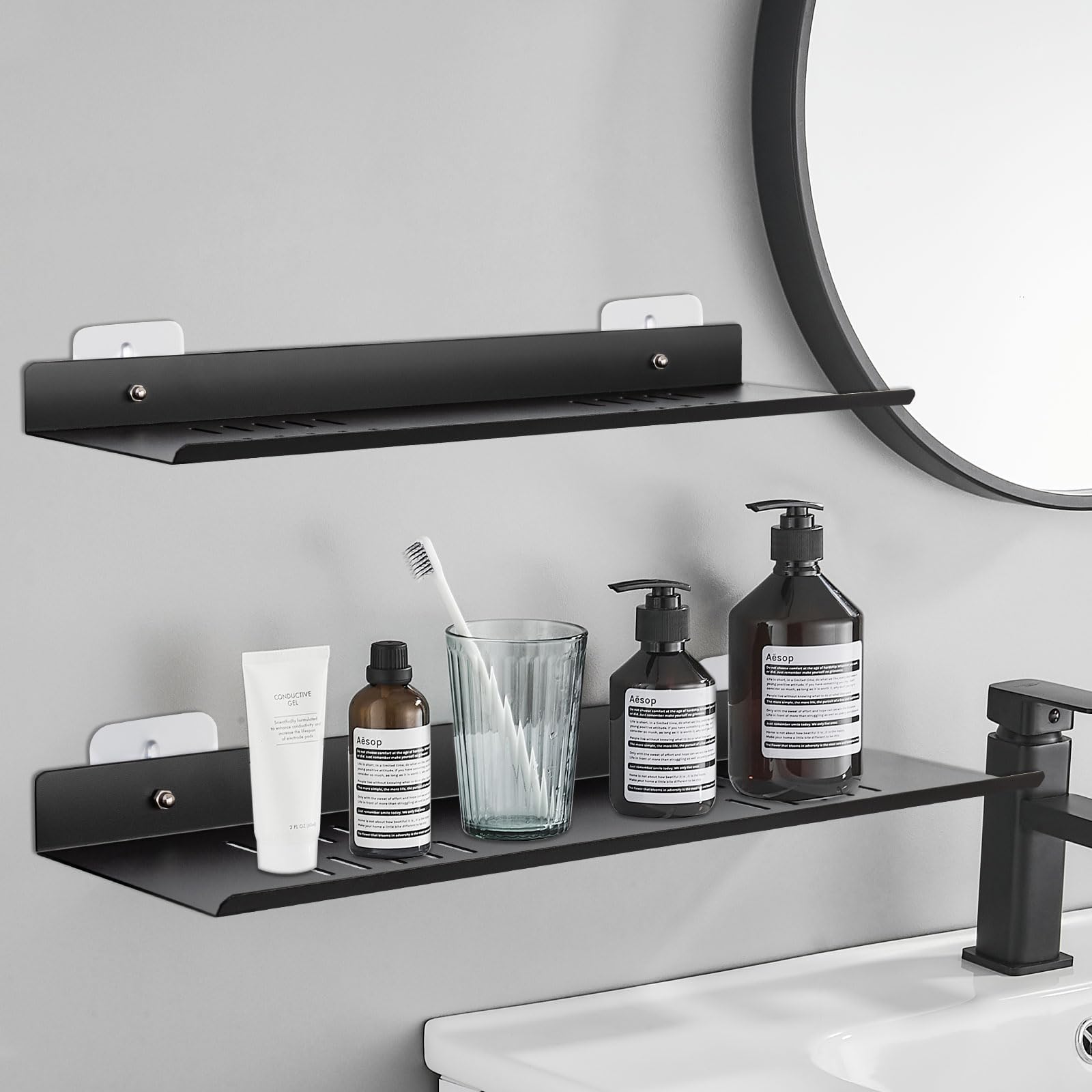 2 Pack Wall-Mounted Self Adhesive Wall Shelf, Counter Corner Floating Shelves Over The Sink Faucet, Aluminum Alloy Shower Caddy Tray Rack Storage Organizer for Bathroom, Kitchen 19.65"