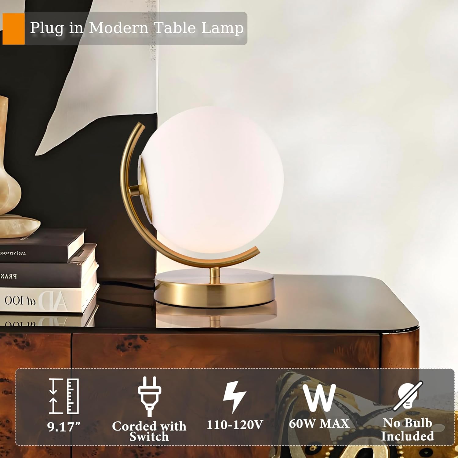 Gold Modern Globe Table Lamp with 7.1'' Glass Goble Shade Mid Century Table Lamps Desk lamp Metal Standing lamp for Bedroom Living Room Office