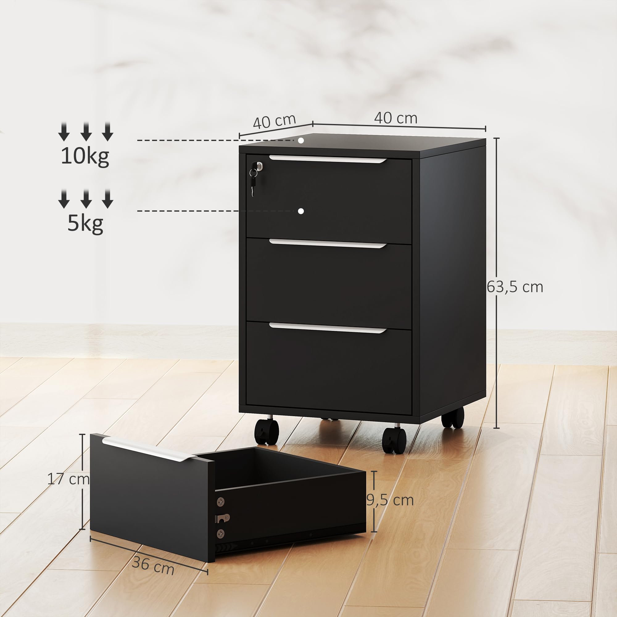 HOMCOM Cajonera de Escritorio con 3 Cajones, Cajonera de Oficina con Ruedas, Cerradura y 2 Llaves, Archivador Móvil para Estudio, Salón, 40x40x63,5 cm, Negro