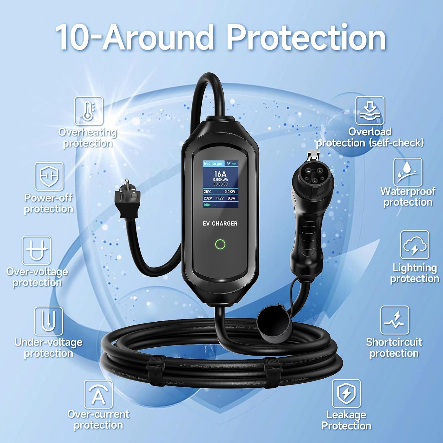 Level 1 EV Charger, Electric Vehicle Charger Level 1, 16Amp, 25ft Extension Cord & J1772 Cable, Portable EV Charger Level 1, NEMA 6-20 Plug, 5-15 Adapter