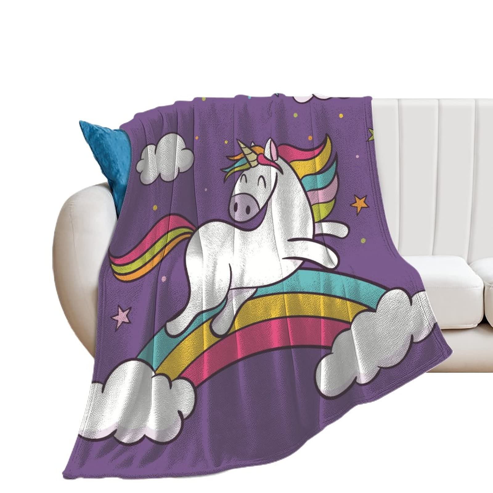 Couverture polaire licorne arc-en-ciel en flanelle douce pour lit et canapé 100x130cm