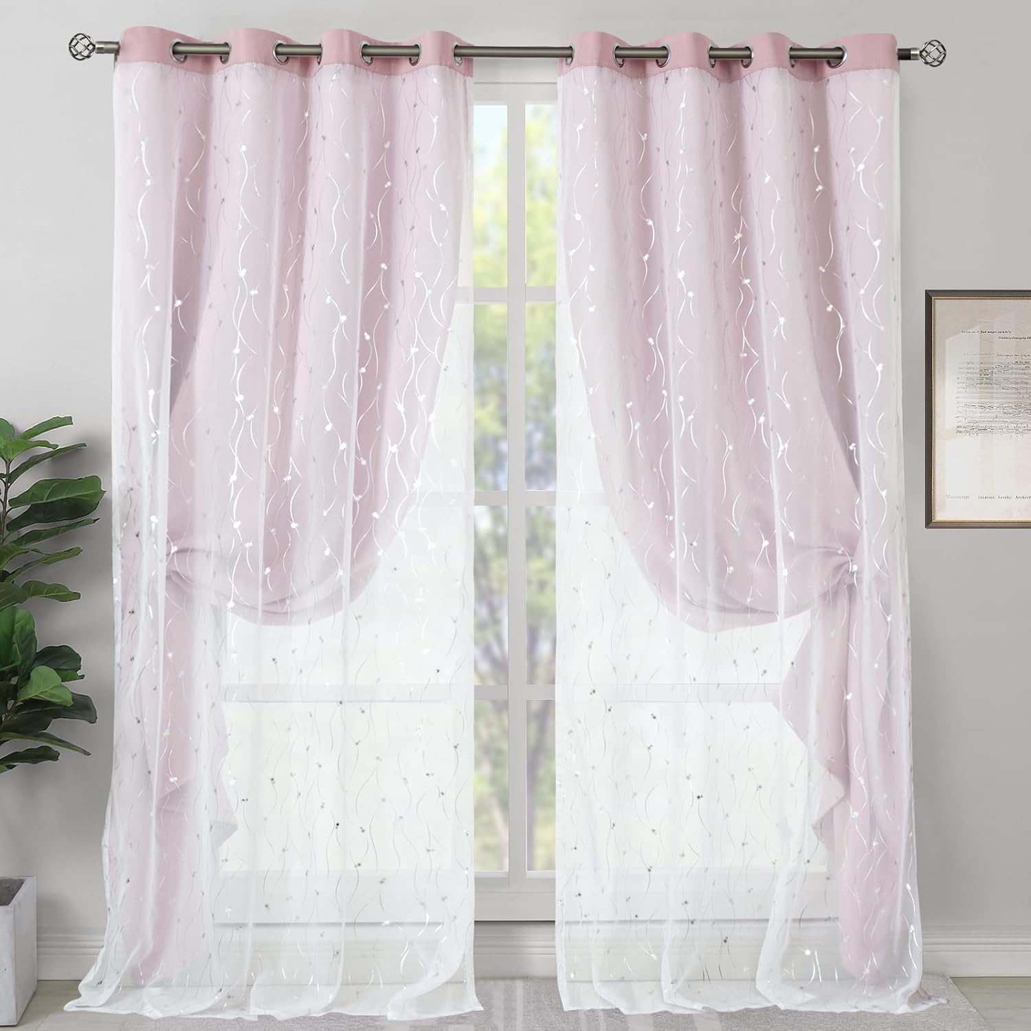 BGment Pink Blackout Curtains with Sheer Overlay, 84 Inch Silver Printed Tulle Double Layer Room Darkening Curtains Thermal Panels for Living Room/Girls' Bedroom/Nursery, 2 Panels Each 52 x 84 Inch