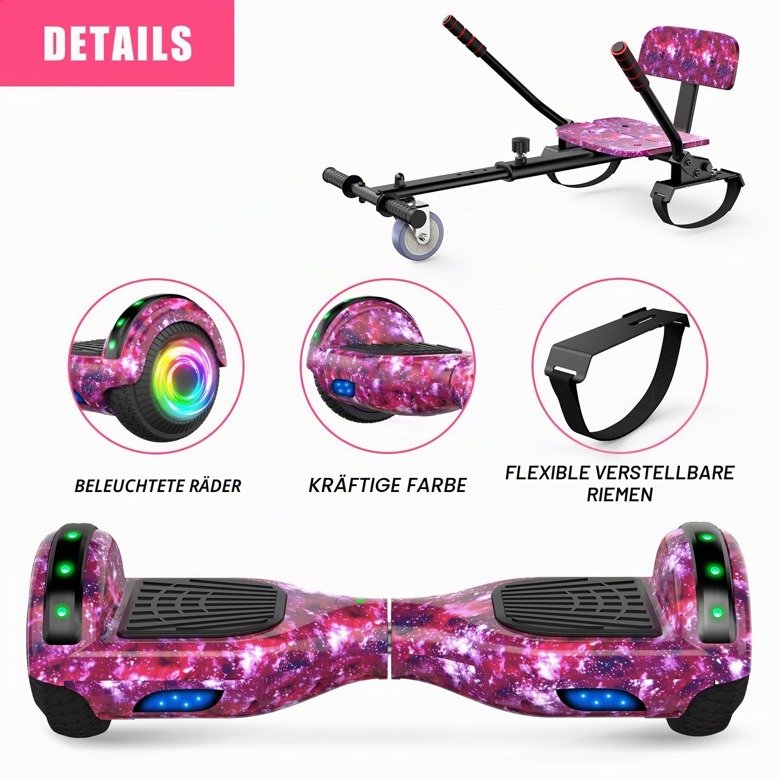 SISIGAD Hoverboard Kart Scooter für alle Gelände Self Balanciert 6,5 Zoll mit Bluetooth Lautsprechern und Hoverboard LED Beleuchtung für Kinder