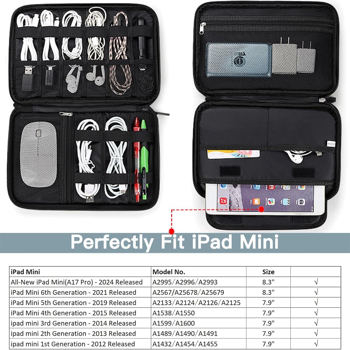 CAAORDKSO Electronics Organizer Travel Case, Travel Cable Organizer Bag Pouch Portable Waterproof Double Layers Storage Bag for Cable, Cord, Charger, Phone, SD Card, Earphone, USB, iPad Mini, Black
