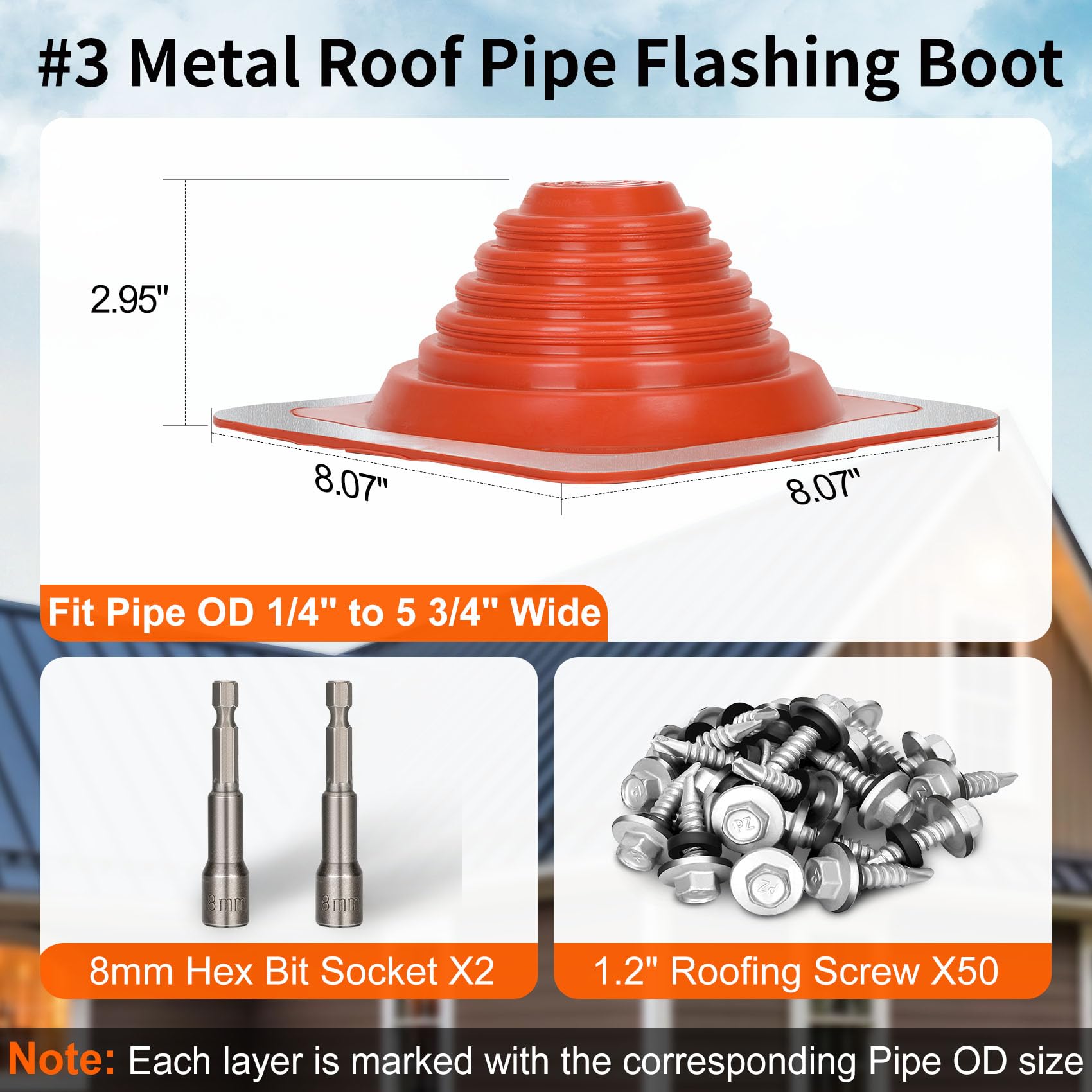Bota intermitente de metal #3 para tubería de techo, cubierta de metal para tubería de diámetro exterior de 1/4 a 5 3/4 pulgadas de ancho, incluye funda de chimenea de silicona flexible de alta