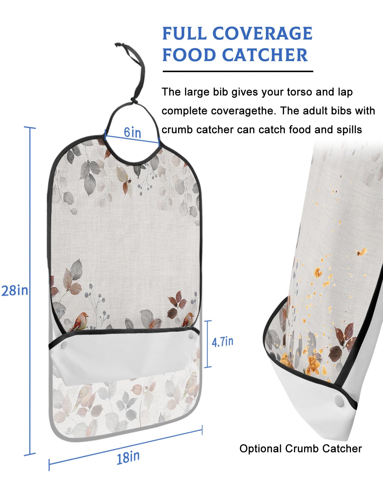 LEOKOTI Pastoral Botanical Adult Bibs for Eating, Waterproof Bibs with Food Catcher & Adjustable Snap Closure, Brown Grey Leaf Farmhouse Rustic Washable Clothing Protectors Adult Bibs for Elderly