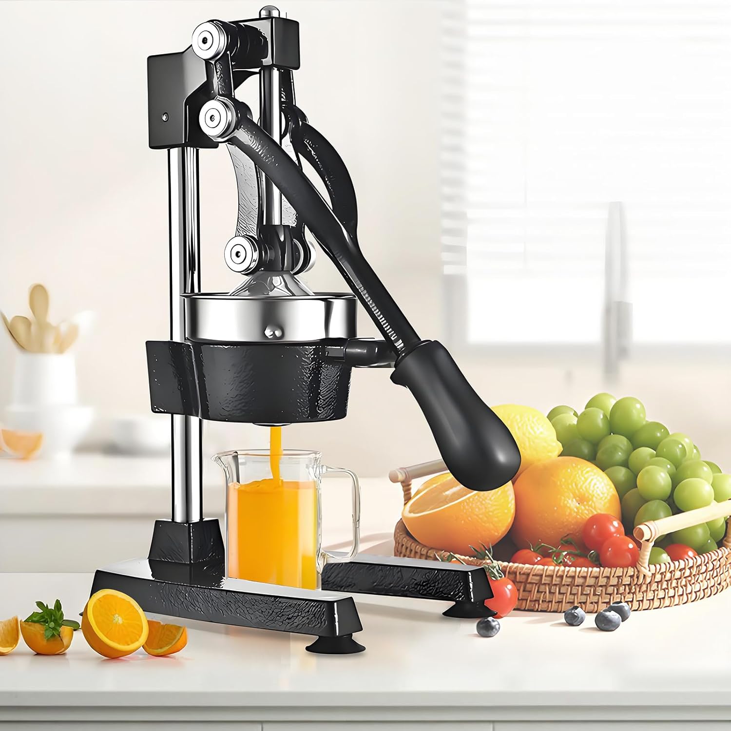Cast Iron Hand Press Juicer, Commercial Heavy Duty Metal Manual Citrus Fruit Juice Extractor for Orange Pomegranate Grapefruit, Professional Stainless Steel Lemon Squeezer Machine, Easy Clean (Black)