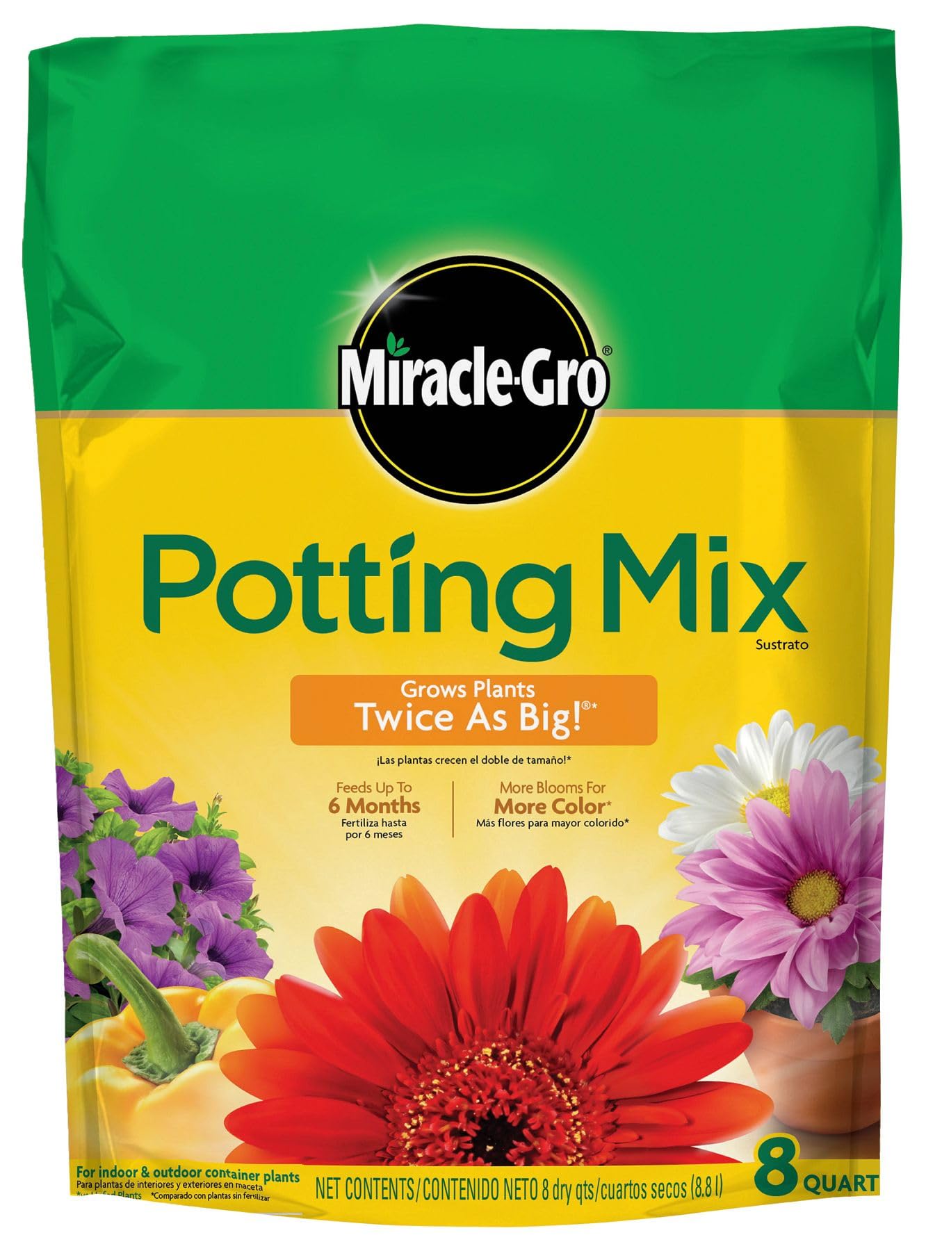 Miracle-Gro Potting Mix, For Indoor or Outdoor Potted Plants, Flowers, Vegetables, Shrubs, Annuals, and Perennials, Feeds Up to 6 Months, 8 qt.