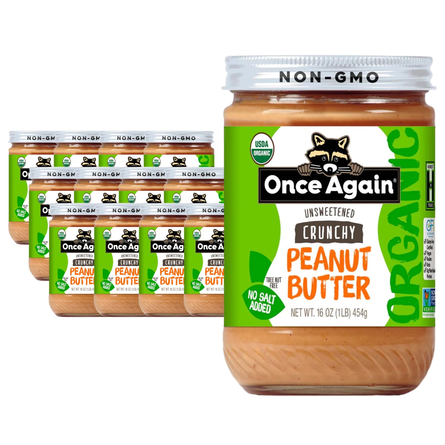 Once Again Organic Crunchy Peanut Butter, 16oz - Salt Free, Unsweetened - USDA Organic, Gluten Free Certified, Vegan, Kosher - Glass Jar - Case of 12