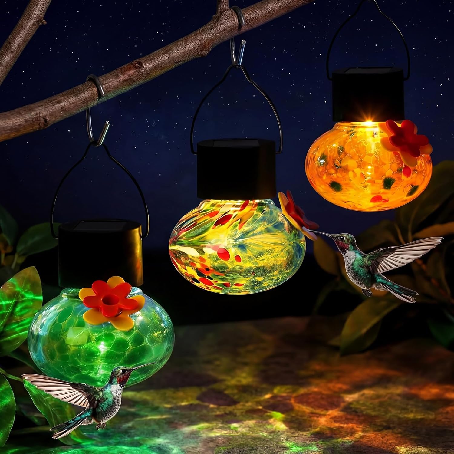 Nuogo 3 Pcs 3.54 Inch Blown Glass Hummingbird Feeders Solar Powered Hummingbird Feeder with LED Light for Garden Outdoors Window Decor Valentine Hanging Gifts Ant and Bee Resistant(Classic Colors)