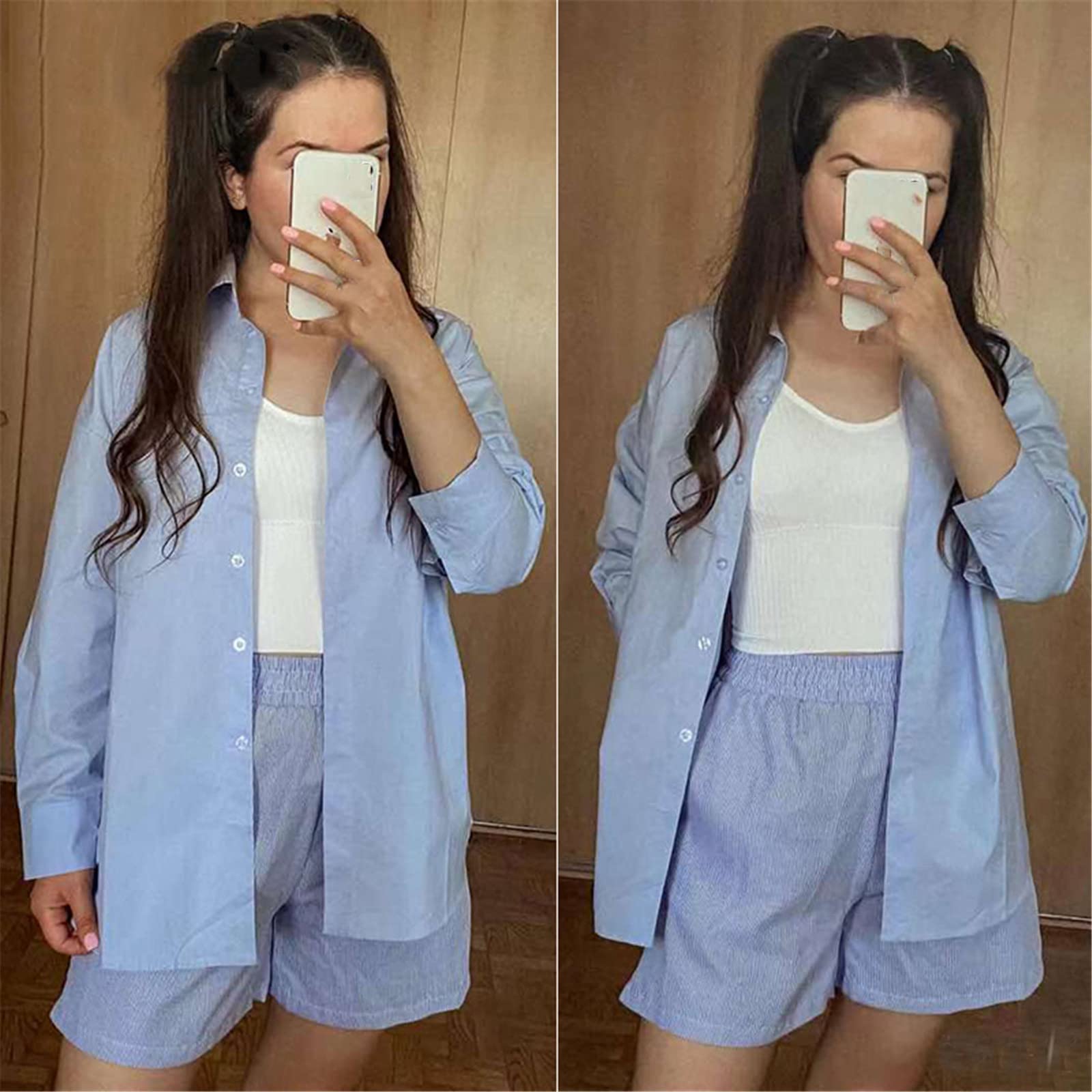 Blusa de manga larga Mujer Botón Up Camisa de señoras Tops de moda coreana Blanco Azul Rosa Algodón Otoño Suelto Oversize, azul, M