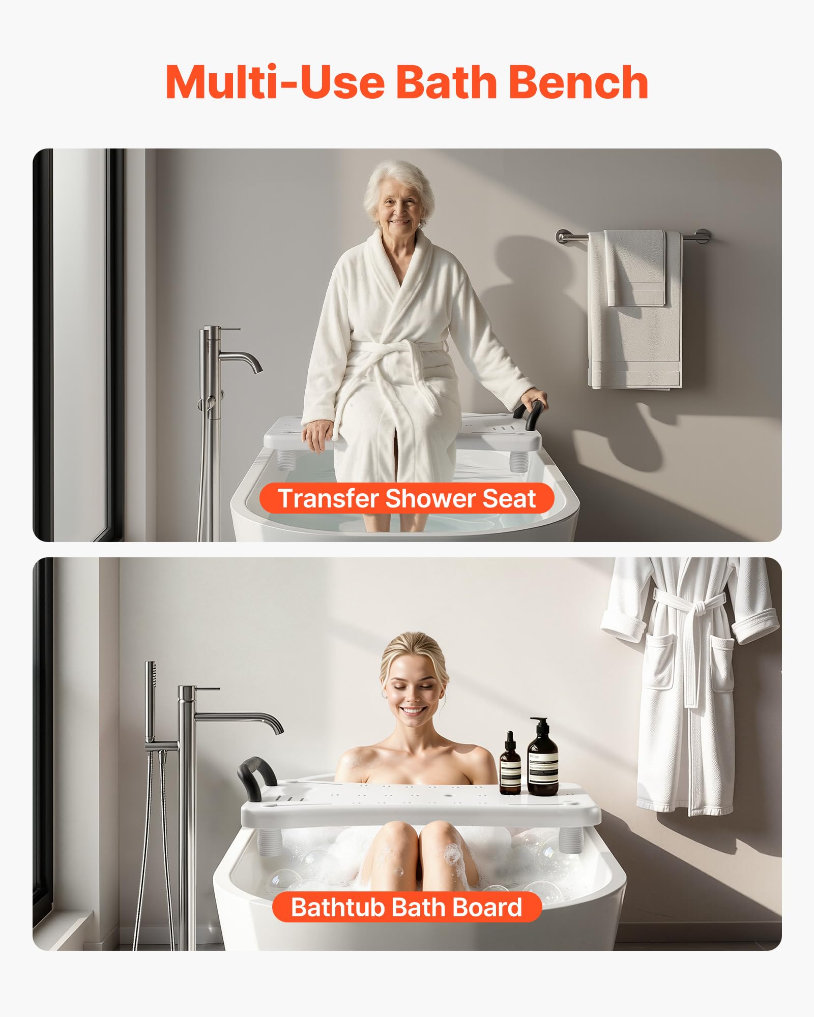 VEVOR Tabla de Bañera Ajustable 41-62 cm, Asiento de Bañera con Mango Carga de 150 kg, Silla de Bañera con Patas Antideslizantes Ajustables para Adultos, Personas Mayores, Personas con Discapacidad