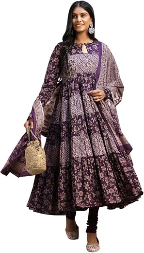 Libas Womens Printed Cotton A-Line Kurta Set With Churidar and Dupatta