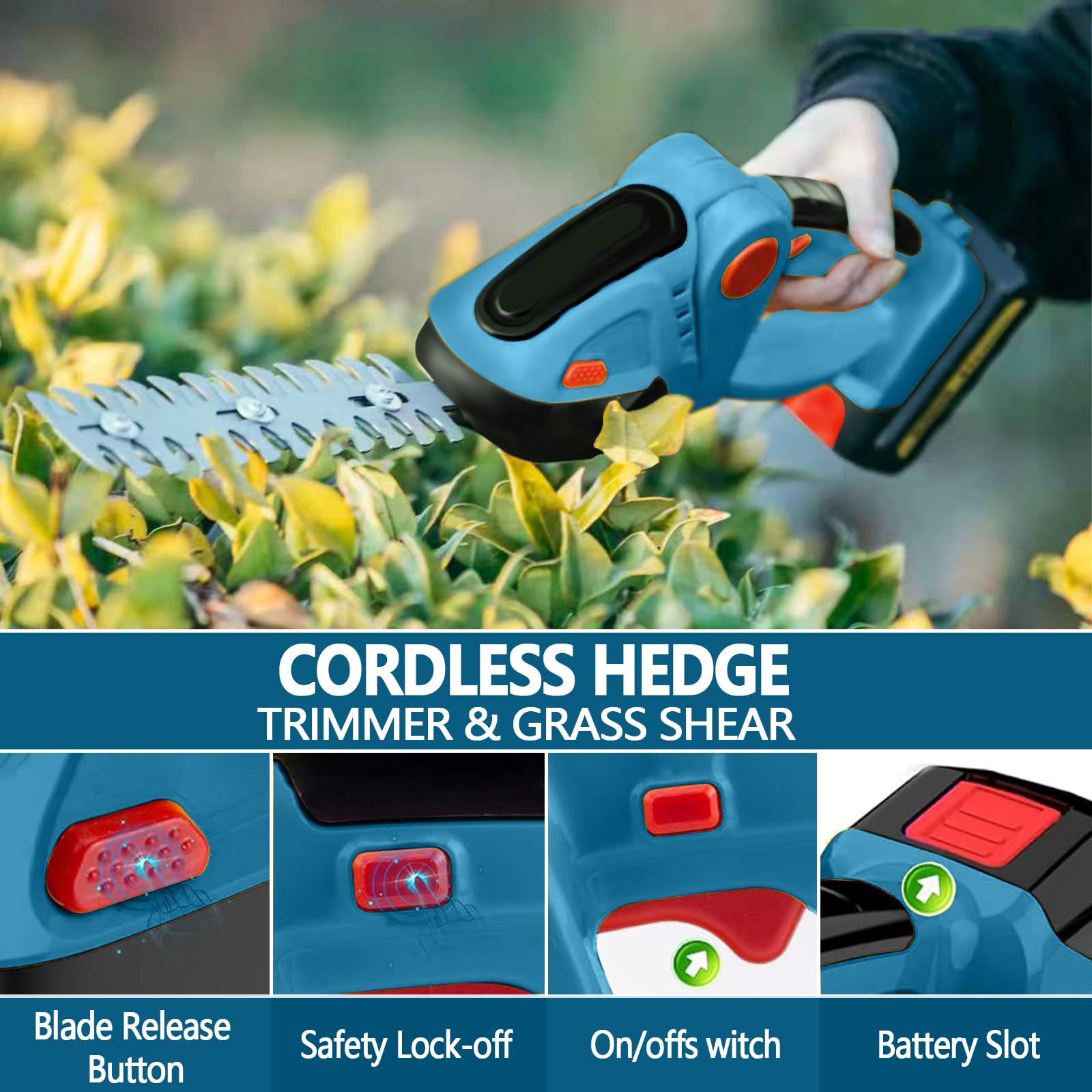 Sécateur Rocky&Chao Taille-haie et cisaille à Gazon sans Fil 24 V 2 en 1 avec 2 Batteries de 1500 mAh, Lames SK5 de 12 cm/23 cm