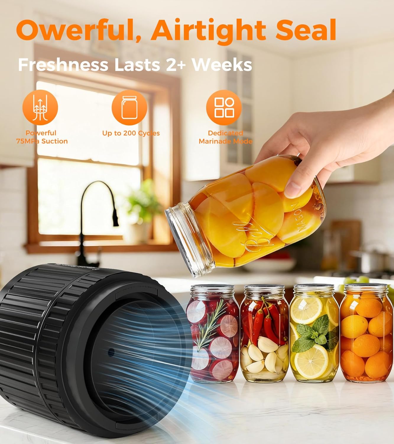 Electric Mason Jar Vacuum Sealer Kit - 2 Modes for Vacuum and Fast Marinade, 10 Sealing Lids - Preserve Freshness Efficiently, Ideal for Canning Jams, Pickles, Dry Foods, Grains Storage