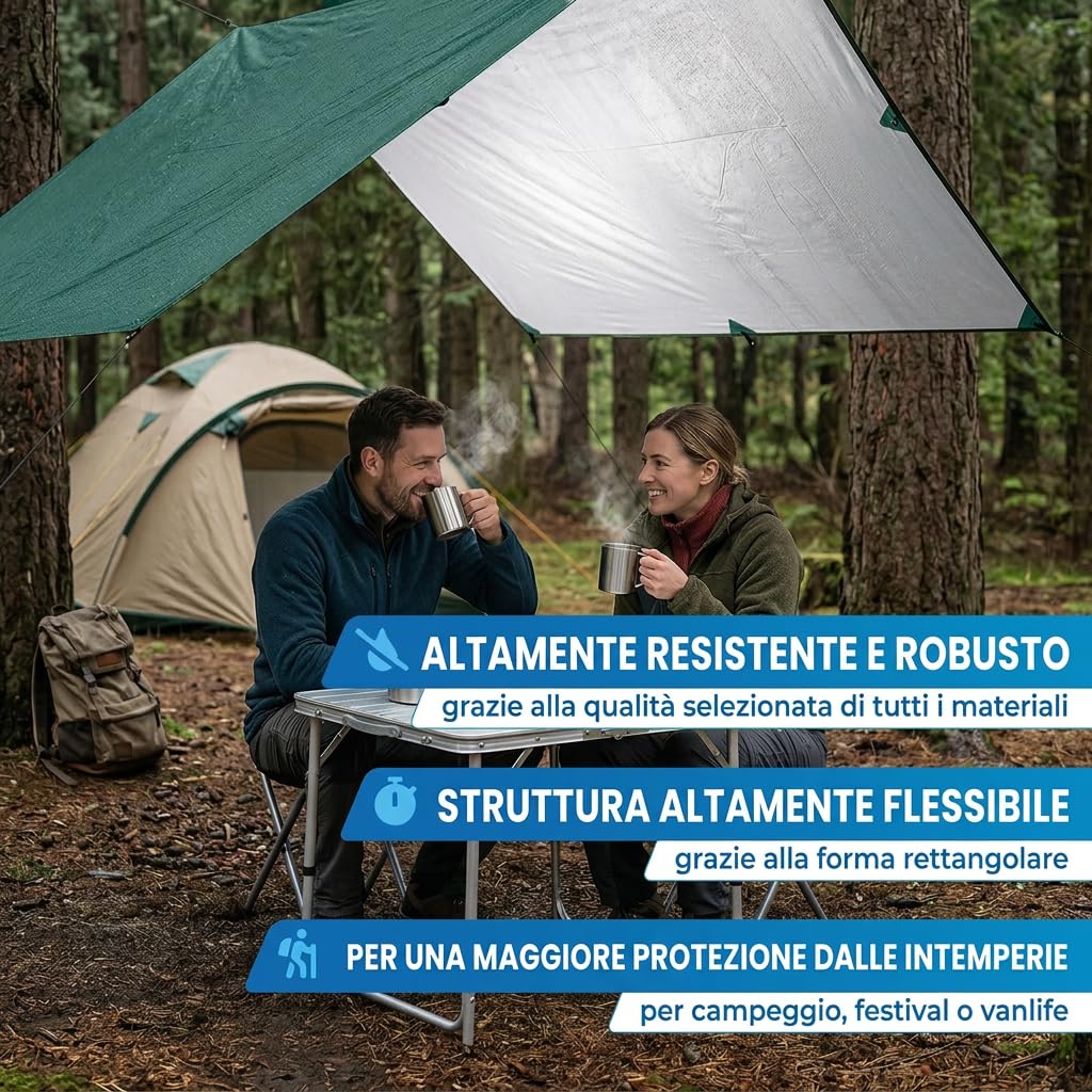 NORDMUT® Tarp 3x3/4m Impermeabile – Protezione Ottimale da Pioggia e Sole – Telo Robusto con Occhielli, Compatto – Ultralight per Campeggio & Escursionismo (Verde / 300 x 300 cm)