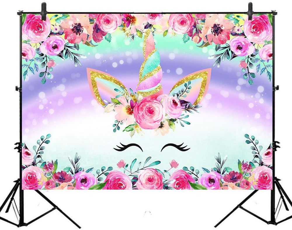 Mocsicka 8x6ft Rainbow Unicorn Backdrop Pastel Floral Unicorn Birthday Party Photo Background Vinyl Unicorn Birthday Party Supplies Backdrops (8x6)