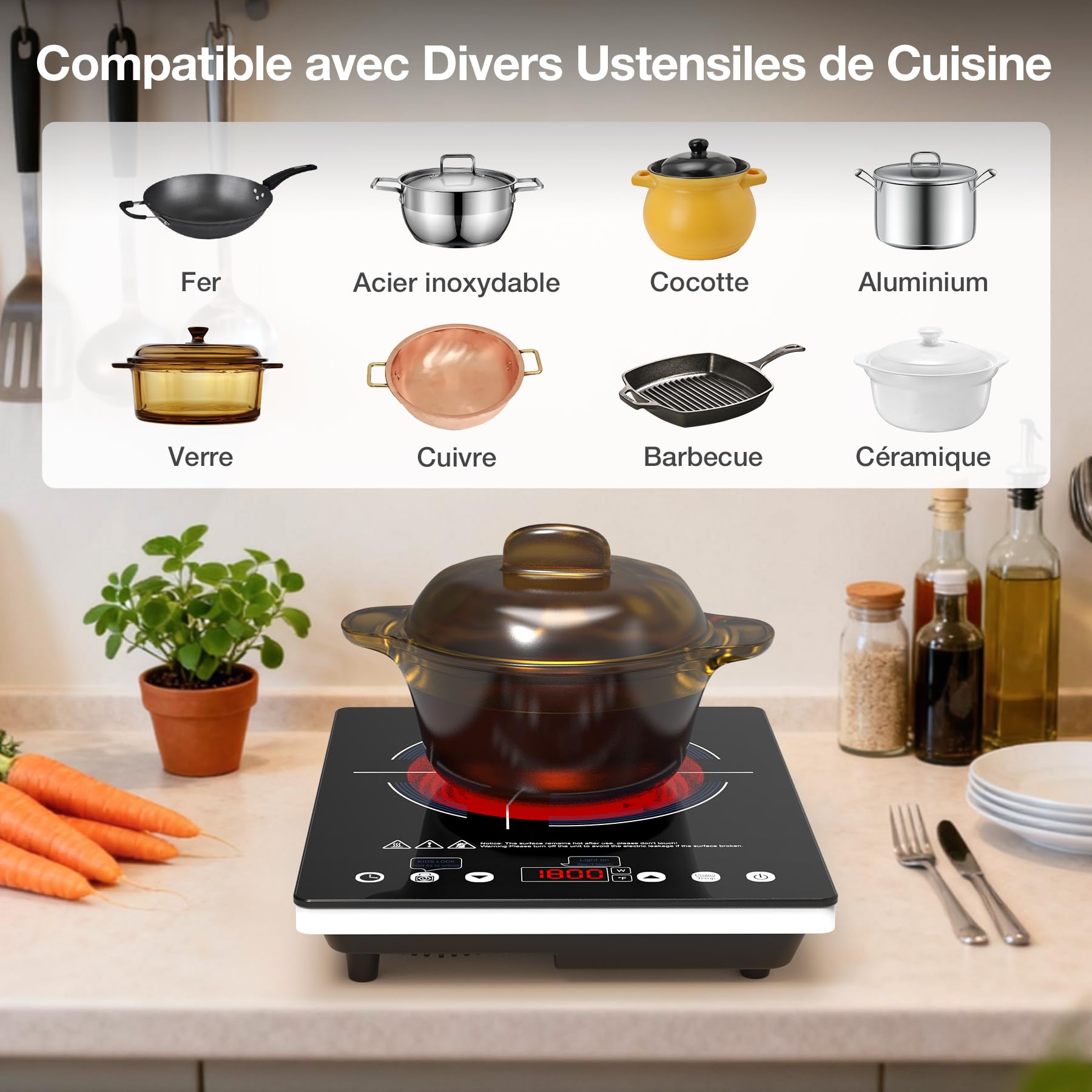 Plaque Vitrocéramique 1 Feu 2000W, Réchaud Électrique Portable avec Contrôle Tactile, 10 Niveaux, Compatible avec Toutes Casseroles, Plaque de Cuisson pour Camping-Car, Studio et Voyage