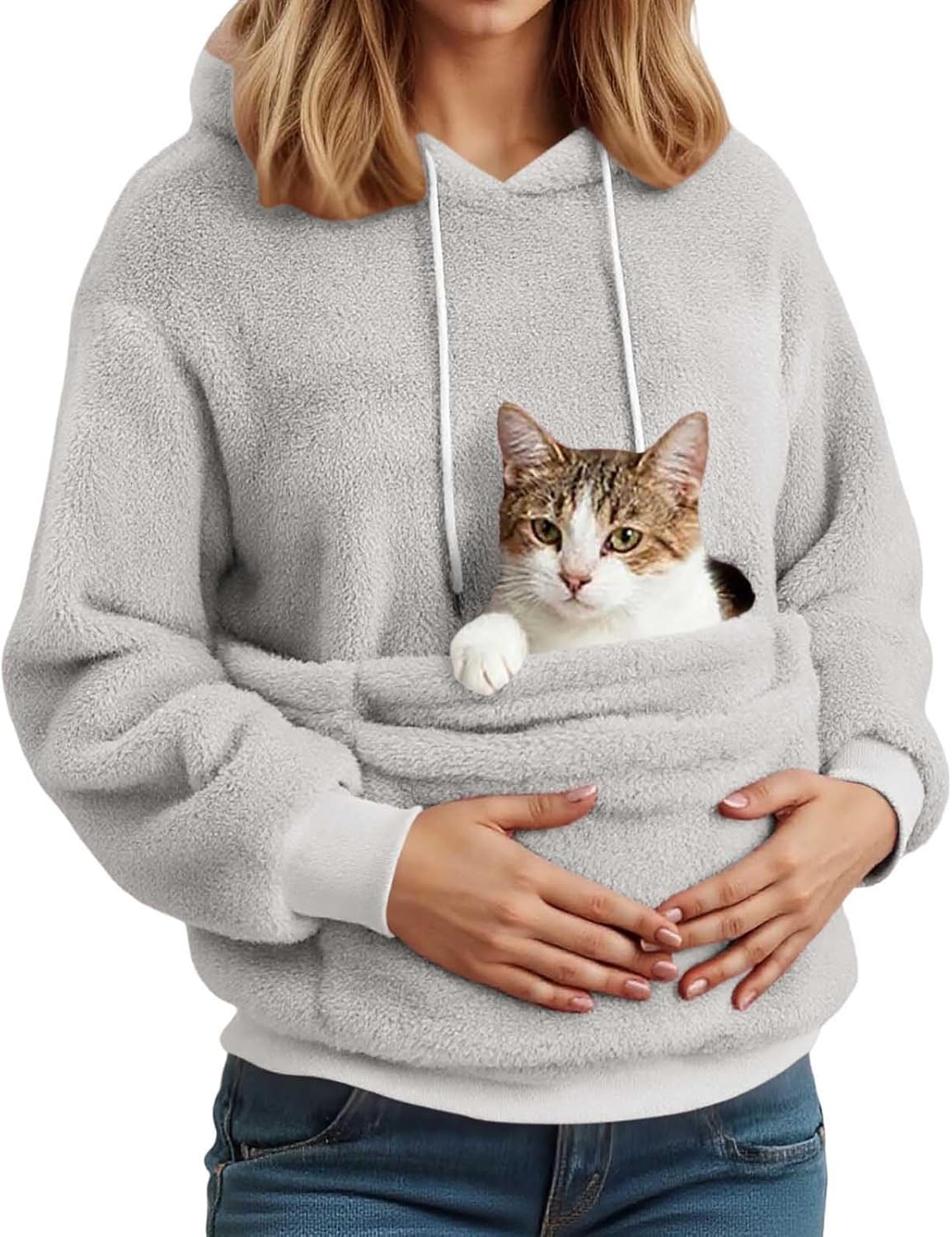 Générique Hoodie Femme Pull Poche Chat Pull A Capuche Chaud Sweat A Capuche Automne Hiver Confortable Top Kangourou Casual Pullover Doux Manches Longues Hoodie
