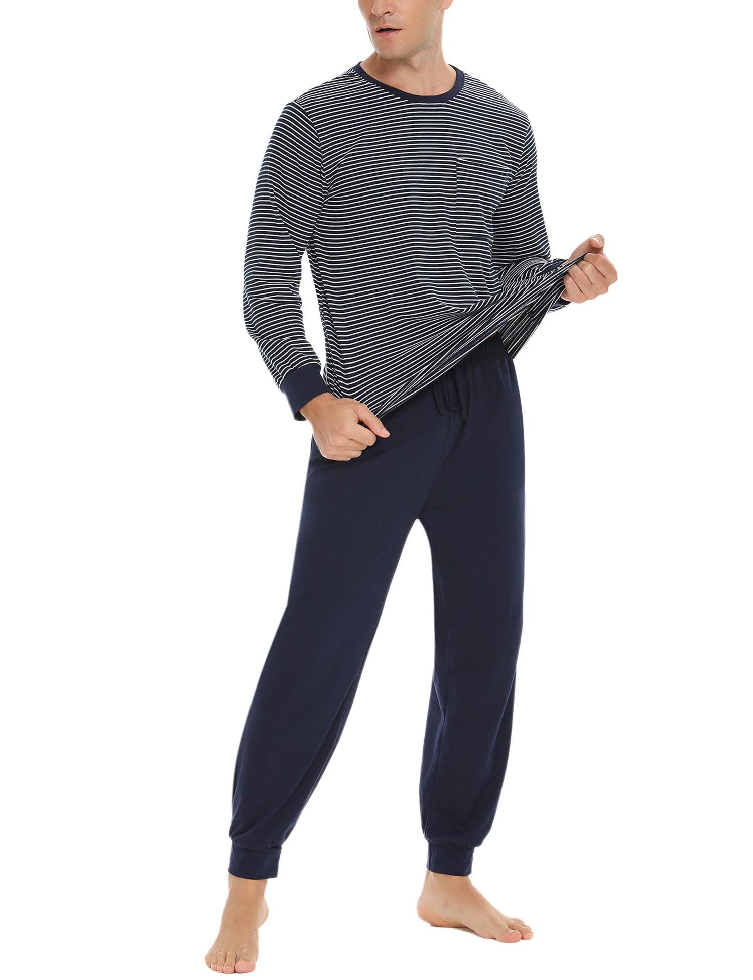 Sykooria Herren Schlafanzug lang mit Bündchen aus Baumwolle Zweiteiliger Pyjama Herren lang, Langarm Shirt & Schlafanzughose