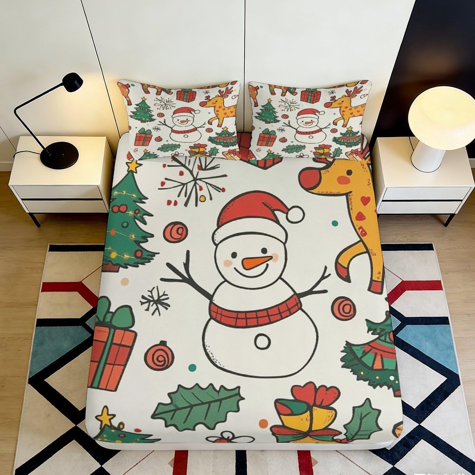 3D Printed Christmas Snowman Fitted Sheet Microfiber Bedroom Decor Reindeer Bed Cover for Home Guest Room 120x200cm 140x200x25cm