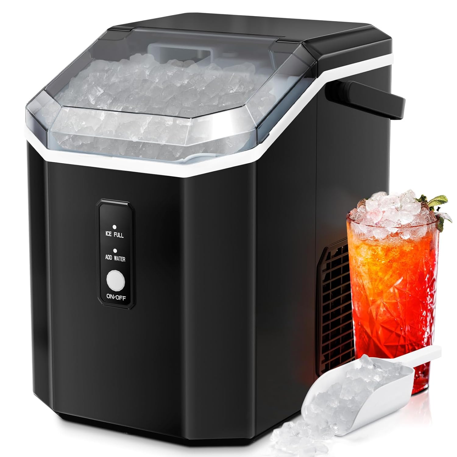 ZAFRO Nugget Ice Maker Countertop with Handle, Self-Cleaning Ice Machine, 35Lbs per Day, Chewable&Soft Ice Cubes, with Ice Basket/Ice Scoop, Black