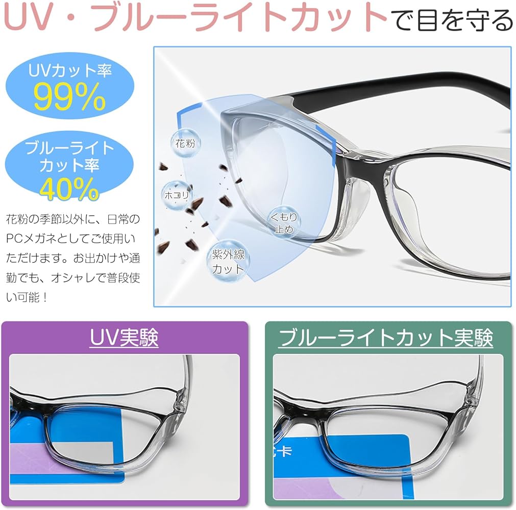 花粉症 メガネ 【特許あり】曇り止め ブルーライトカット アロマ 保護メガネ FEEL LIFE 花粉 メガネ 保護眼鏡 おしゃれ 花粉対策 防塵 防護