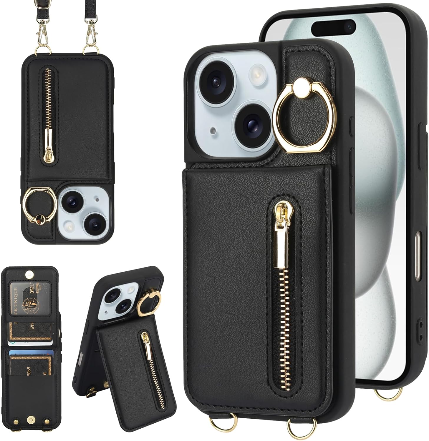 Crossbody Wallet Case for iPhone 13/14 with Lanyard Strap Card Slot Holder RFID Blocking Ring Kickstand,Magnetic Flip Folio Zipper Purse Case, PU Leather Cover Handbag,Black