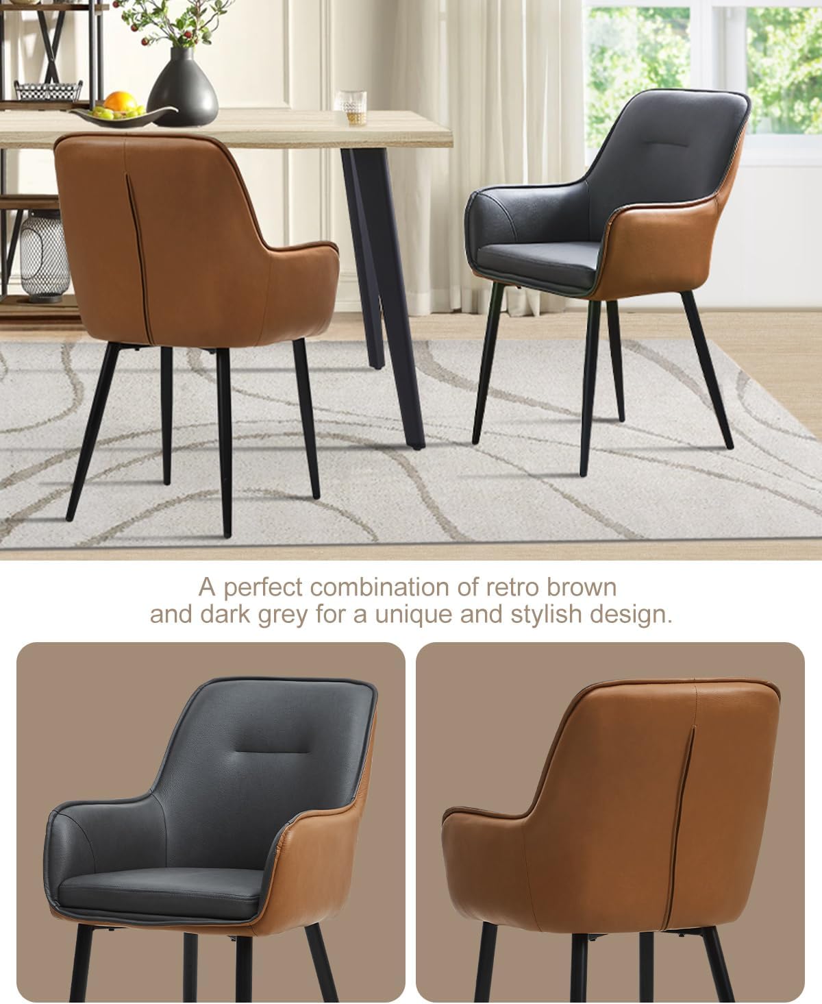 TUKAILAi Dining Chairs Set of 2, Faux Leather Dining Chairs with Arms, Upholstered Mid-Century Kitchen & Dining Room Chairs with Metal Legs, Modern Reception Chair for Living Meeting Room - Grey+Brown