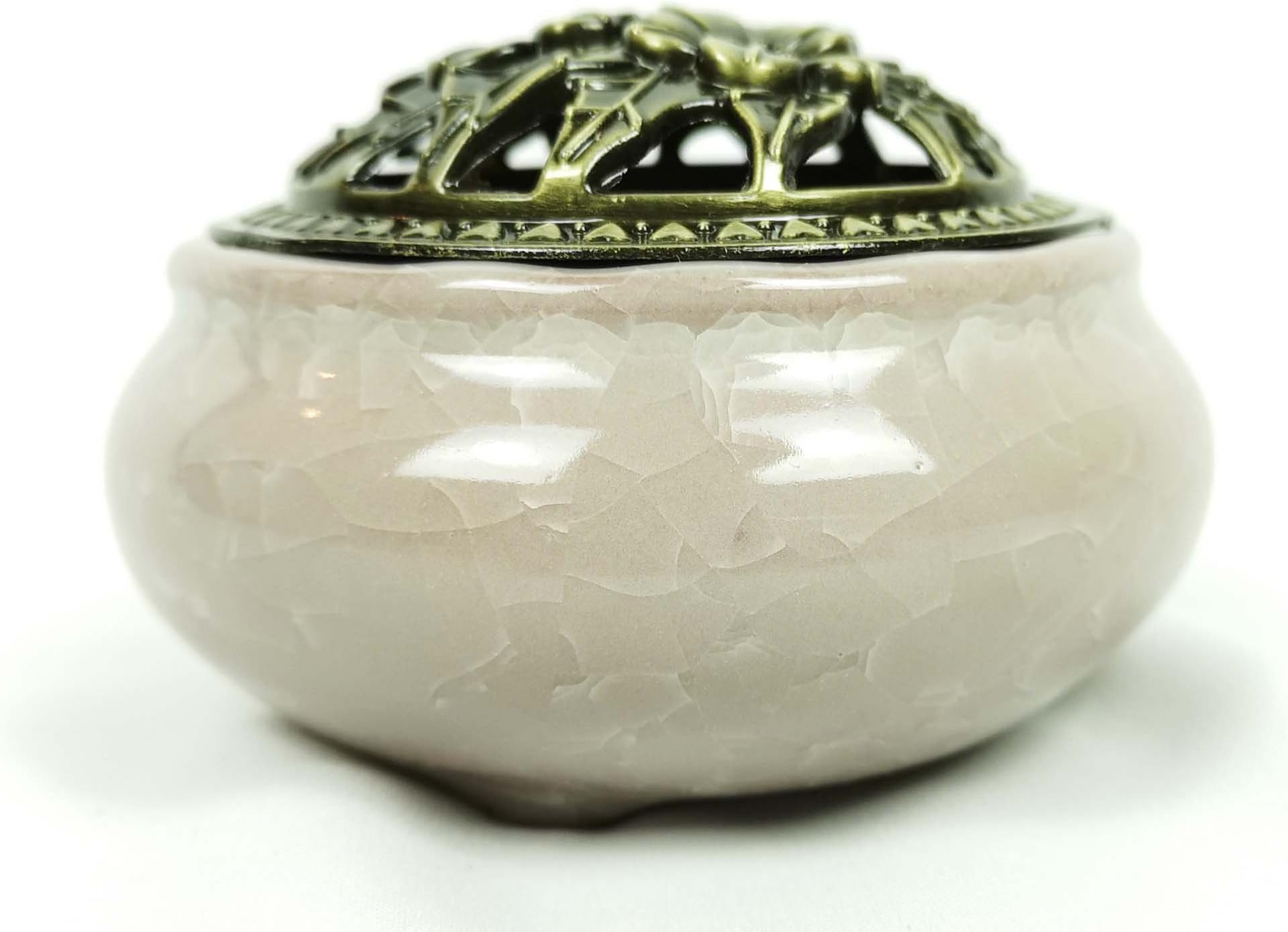 Arabian Aromas Crackled Ceramic Decorative Bakhoor Incense Burner Censer Metal Lid (Beige)