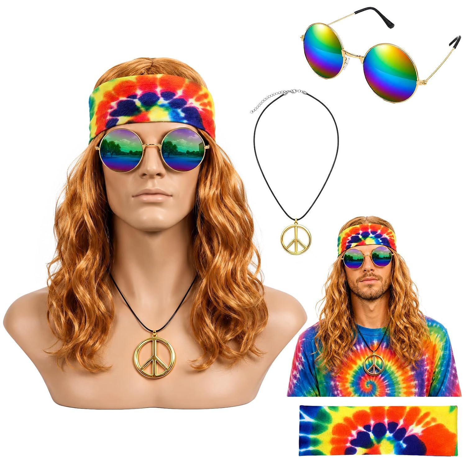 Hippie Wig for Men, Golden 60s Wig with Headband Sunglasses Peace Necklace
