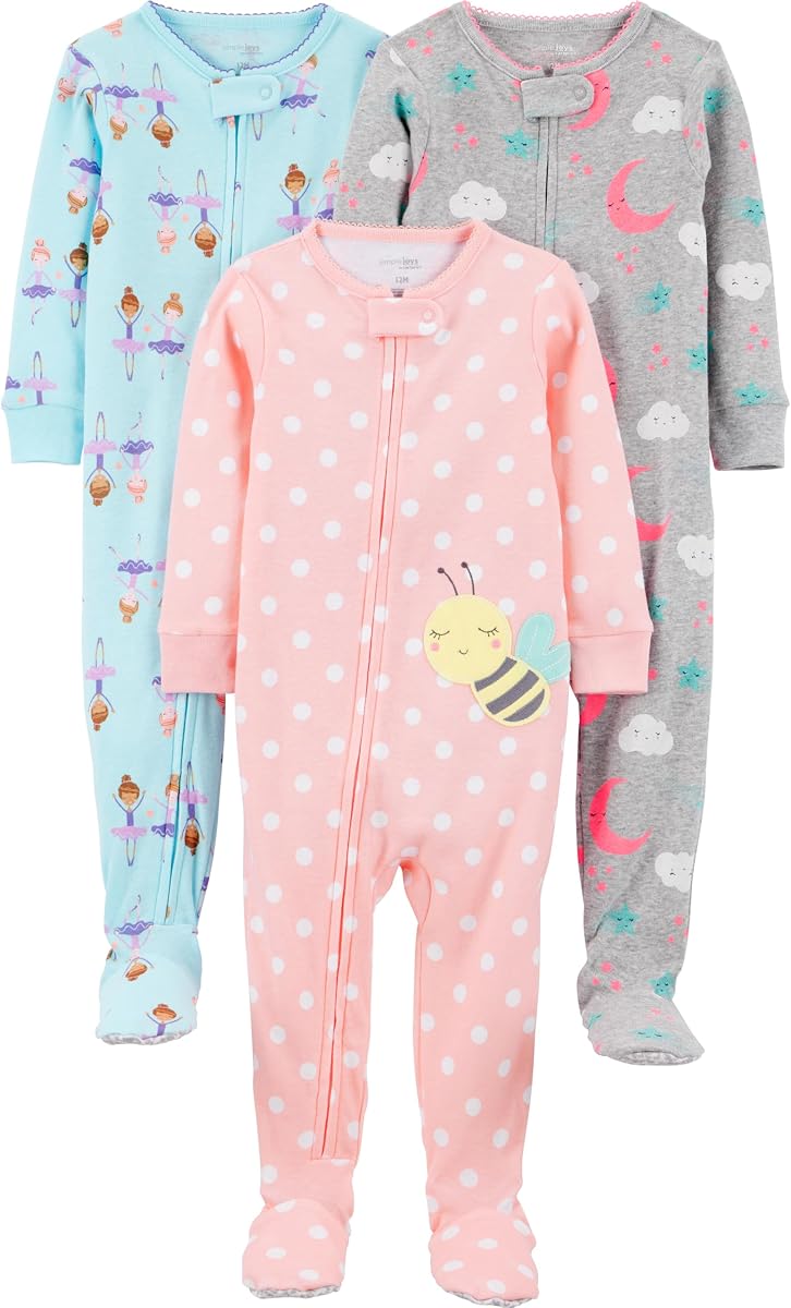 Simple Joys by Carter's Pijamas de algodón con pies y ajuste ceñido para niñas, paquete de 3