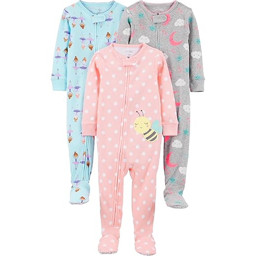 Simple Joys by Carter's Pacote com 3 pijamas de algodão com pés de ajuste confortável para meninas